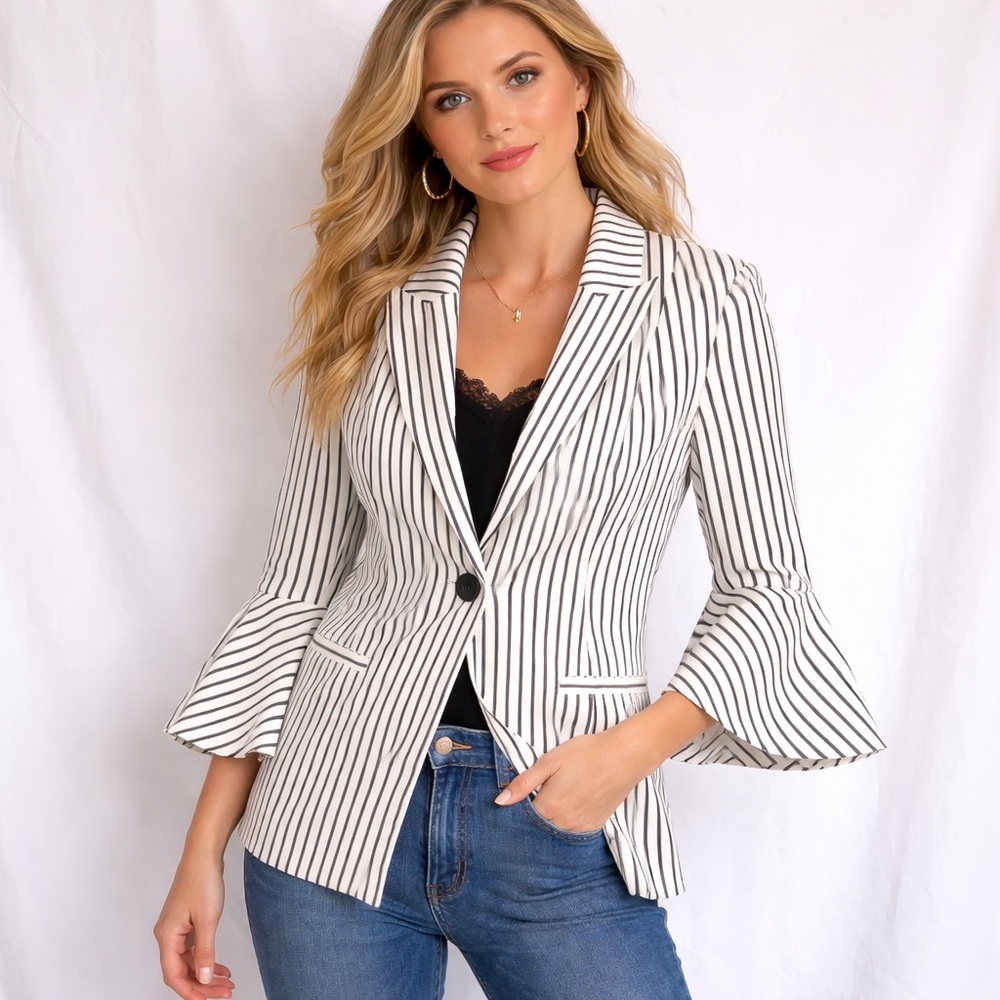 Cabi Striped Blazer Size 4 White Black Ruffle Sleeve Chic Jacket